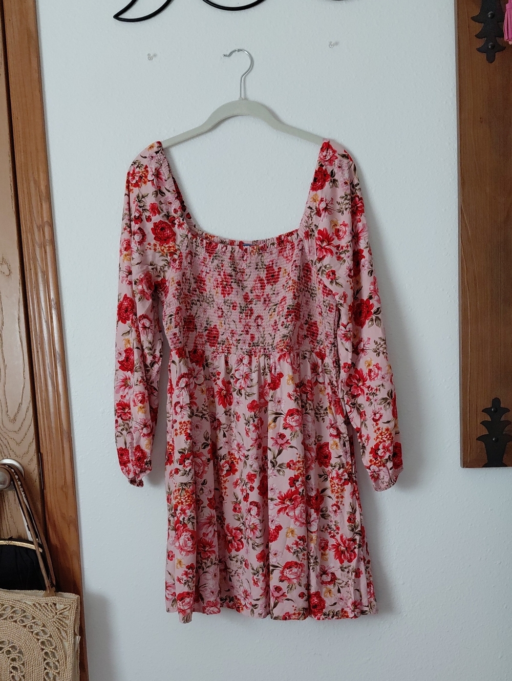 Old Navy Pink Floral Long-Sleeve Smocked Babydoll Dress